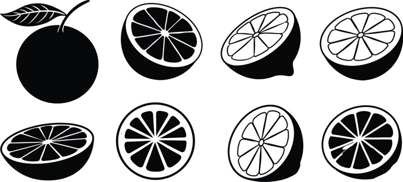 Orange fruit icon set showing whole and sliced citrus