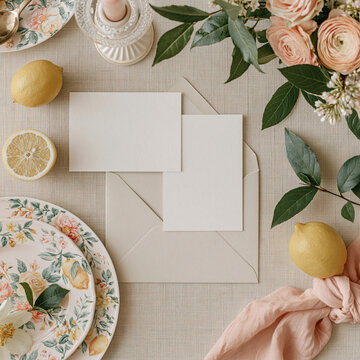 Mockup featuring two vertical white A5 cards and an open beige A5 envelope, set against a festive Mediterranean-style table background