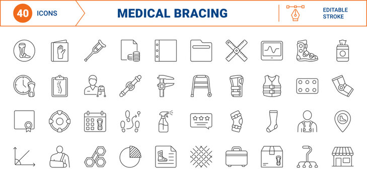 Orthopedic device fitting line icon set. Vector pictograms of medical bracing, custom orthotics, patient rehabilitation, and mobility support elements, thin linear illustration.
