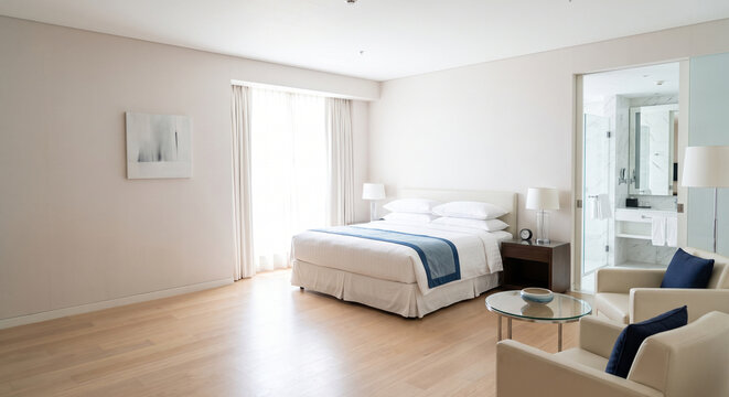 A spacious room with made bed, blue runner, seating area, bathroom entrance, and wood floor arranged for hotel housekeeping, room cleaning, and organized hospitality service