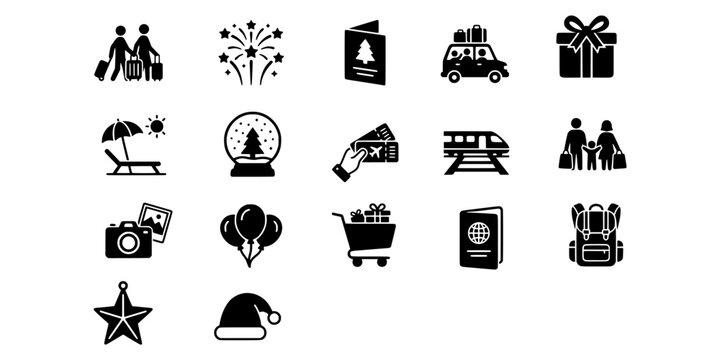 Icon set collection of vacation, holiday celebrations, and travel experiences featuring festive elements and tourism activity planning symbols.