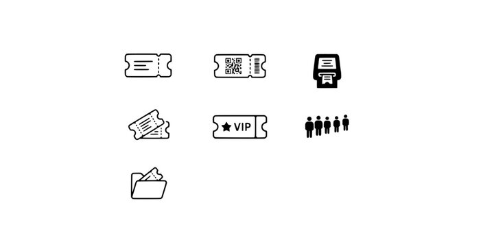 Icon set collection of event ticketing, access control, and queue management symbols for venue and public service operations.
