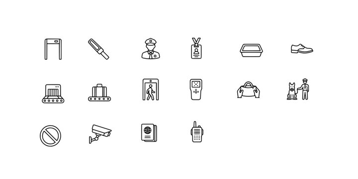 Icon set collection of airport security procedures, passenger screening equipment, and checkpoint personnel for travel safety and compliance.
