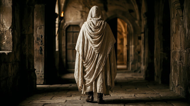 Rear view of a hooded monk in a dark stone medieval hallway