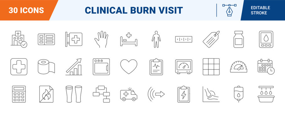 Healthcare and burn care visit line icon set. Vector pictograms of patient clinical triage, wound treatment dressing, fluid resuscitation calculation, and rehabilitation therapy elements, thin linear