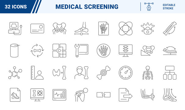 Bone density scan line icon set. Vector pictograms of medical screening, osteoporosis diagnostics, skeletal health, and densitometry elements, thin linear illustration.