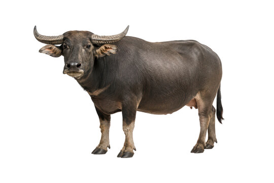 Healthy Asian water buffalo standing and looking toward the camera, isolated on a white background.  strong domestic farm animal with prominent curved horns, suitable for agriculture, livestock, rural