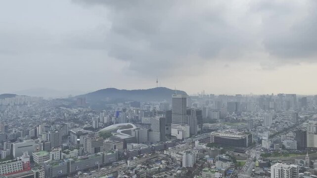 Aerial Drone View of Jongno Cityscape near Dongmyo Station and DDP Dongdaemun Design Plaza in Seoul, South Korea