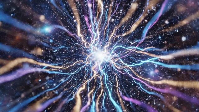 Vibrant Electric Discharge Erupts in Dark Space with Glowing Lines and Stars
