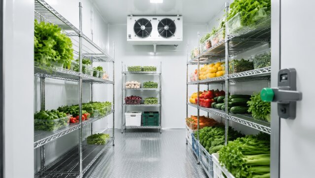 Interior view of commercial refrigerated storage room filled with organized crates and clear containers of leafy greens, bell peppers, cucumbers, carrots, mushrooms, and other produce on chrome wire