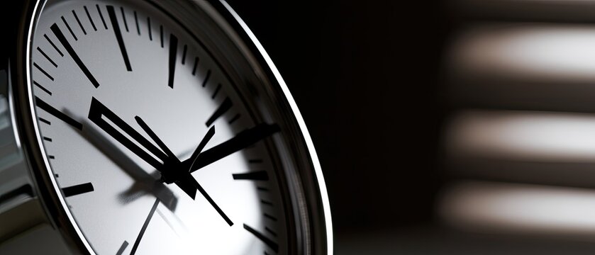 Close-up of a clock face with hands and metallic rim, against a dark, blurred background