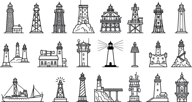 Comprehensive Lighthouse and Maritime Tower Line Icon Set Featuring Lightships Coastal Beacons Control Towers and Historical Marine Warning Vector Symbols
