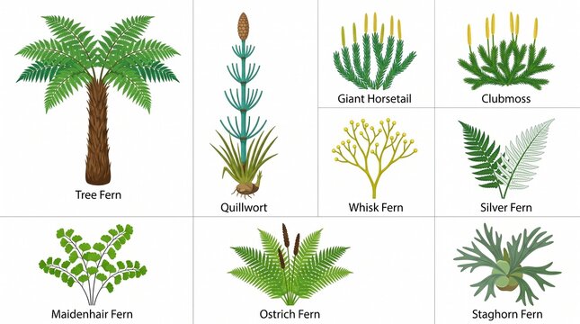 Variety of Ferns and Horsetails Botanical Illustrations Set