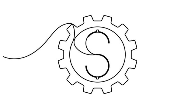 Moving cog gear wheel and money icon sign continuous one line drawing on white background minimalist financial engineering and investment growth concept symbol 4k animation video