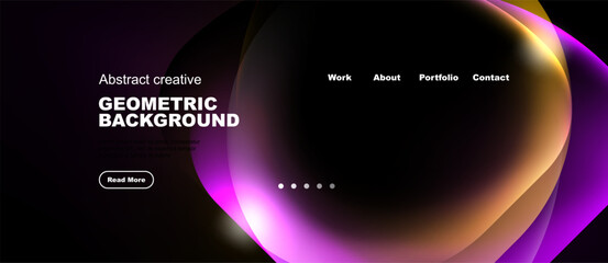 Naklejka premium Dark background features vibrant abstract shapes, text elements, navigation menu. Modern design promotes creativity, geometric patterns.