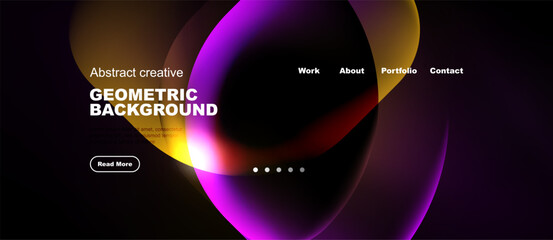 Naklejka premium Dark website mockup features vibrant overlapping circles. Text includes geometric background, work, about, portfolio, contact. Read more button visible.
