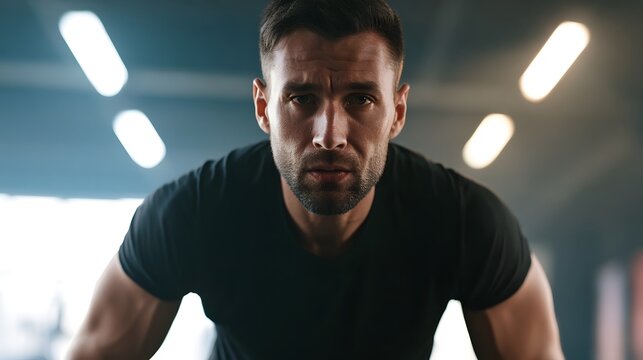 A focused man with short dark hair and stubble wears a black t shirt while leaning forward in an indoor gym setting under bright overhead lights