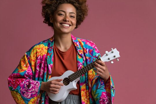 Smiling young woman strumming a white ukulele wearing a vibrant floral robe on pink backdrop for music poster and background
