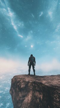 Astronaut standing on rocky precipice, surveying cosmic seascape with luminous nebulae and distant starfields, reflecting profound interstellar solitude and exploratory spirit