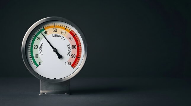 Industrial pressure gauge with enough surplus excess three-zone scale and needle pointing at enough zone on dark charcoal surface, sufficiency post-growth economics degrowth concept art 