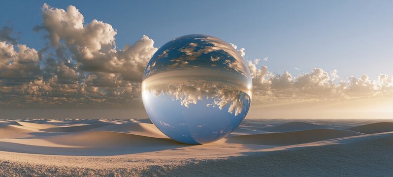 Gigantic Transparent Glass Sphere Floating Above White Desert Dunes in Surreal Minimal Landscape with Luxury Aesthetic Soft Morning Light Reflective Surface and Copy Space for Advertising