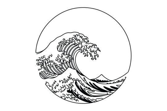 Black and white line of a large crashing wave with mountains in the background, enclosed in a circle