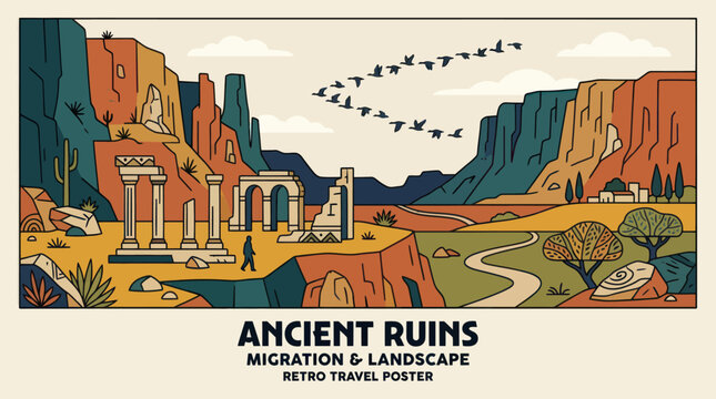 Ancient desert ruins with migrating birds