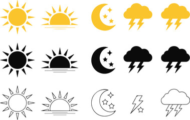 Obraz premium Collection of weather including sun moon clouds lightning and sunrise sunset in yellow black and outline styles