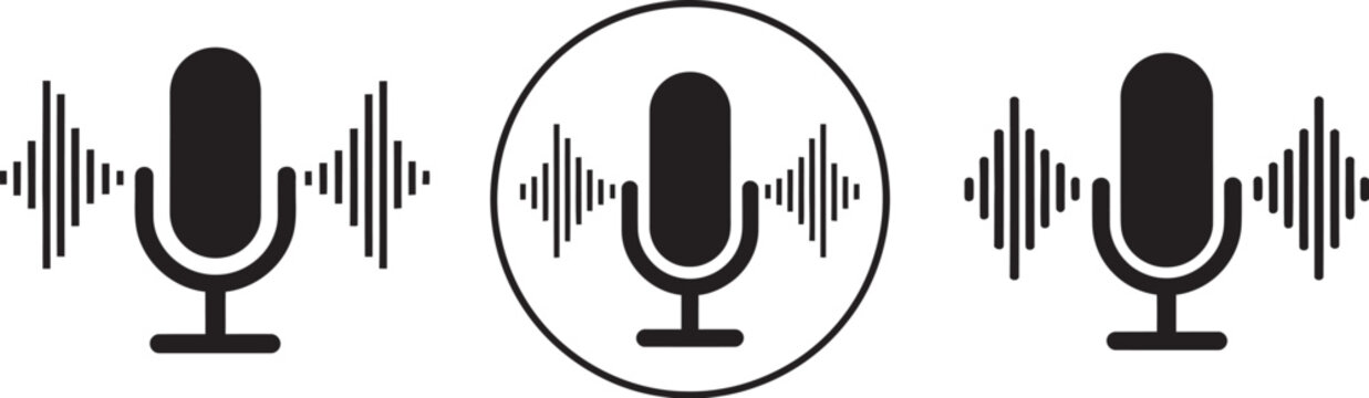 Microphone sound wave vector icon, podcast recording and audio broadcast symbol with black circle design for media, radio, streaming platforms, voice communication, music production, 