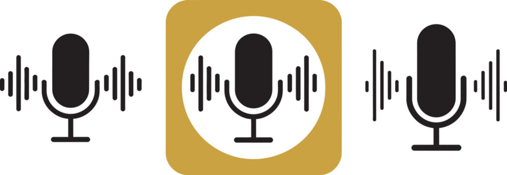 Microphone sound wave vector icon featuring podcast recording and audio broadcast symbol with black circle design for media, radio, streaming platforms, voice recording, live broadcasting, 