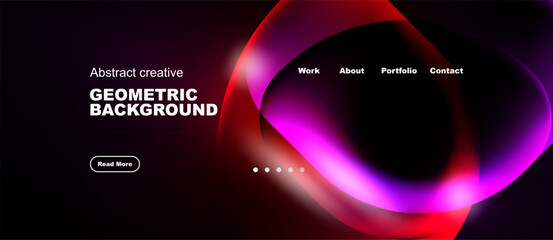 Naklejka premium Dark website design features vibrant pink, purple abstract shapes. Minimalist text elements present portfolio information. Clean, modern aesthetic.