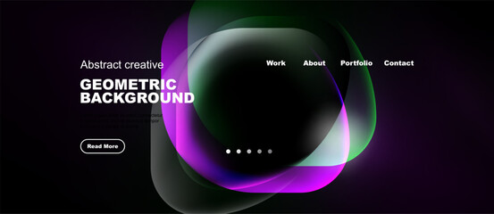 Naklejka premium Dark background features vibrant overlapping circles. Text includes geometric background, navigation options, plus read more button. Modern design.