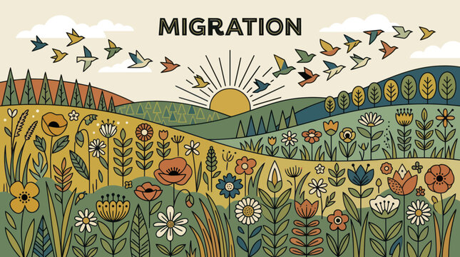 Birds migrating over scenic landscape