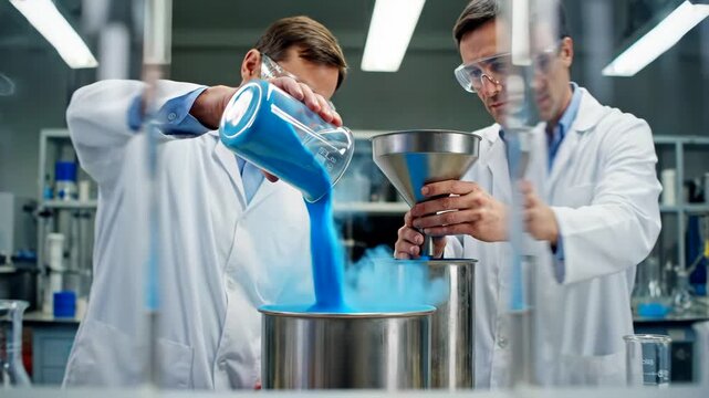 Lab technicians pouring blue powder into stainless steel reactor, controlled batch mixing in industrial plant, funnel dosing, process monitoring, precision formulation workflow, chemical manufacture
