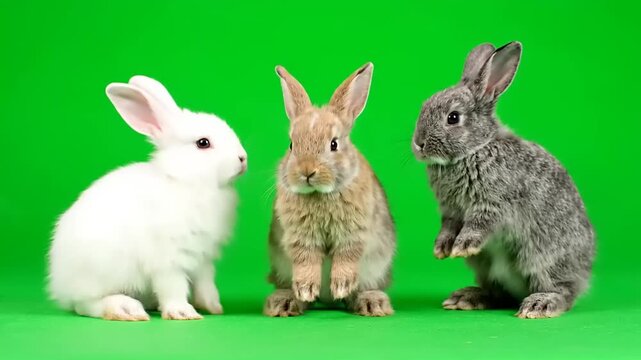 Three adorable baby rabbits of different colors posing on a green background.