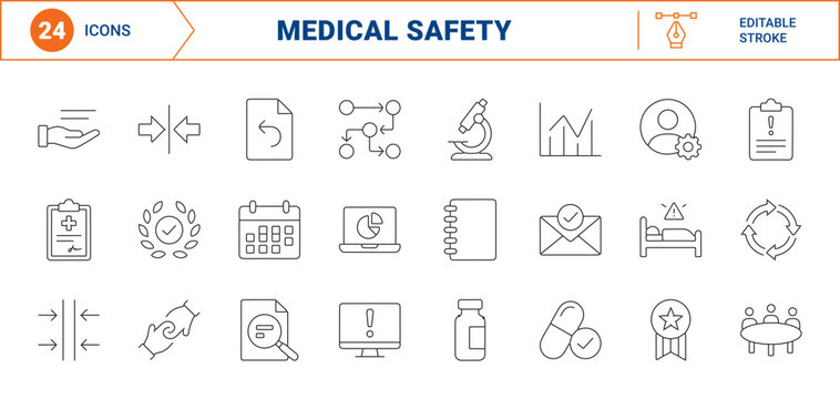 Clinical incident debrief line icon set. Vector pictograms of medical safety, case review, root cause, and healthcare compliance elements, thin linear illustration.