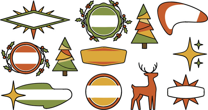 Retro mid century modern Christmas sticker vector set with atomic starburst frames holiday labels reindeer and geometric pine tree icons