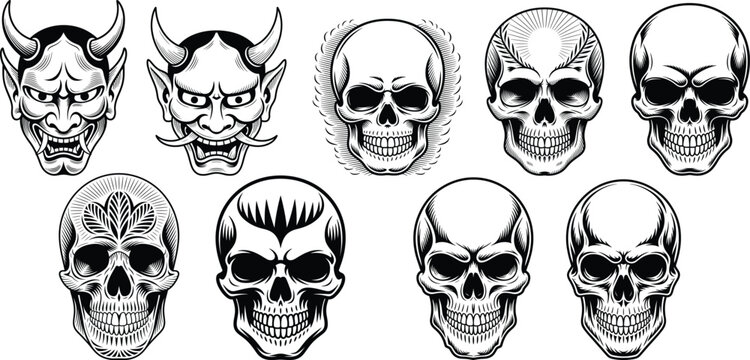 Collection of 8 unique skull and demon face illustrations isolated on transparent background