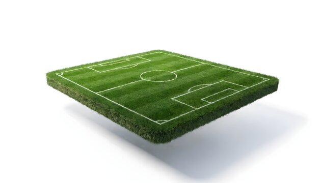 3D soccer field floating pitch chunk with green grass striped lawn turf layout line markings football stadium perspective view isolated on white background sports game tactic creative design