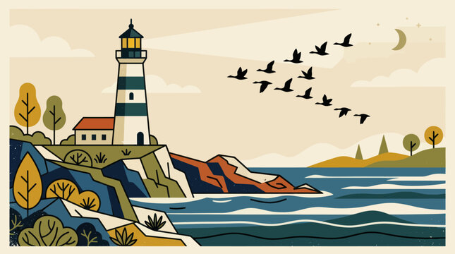 Coastal lighthouse and migrating birds