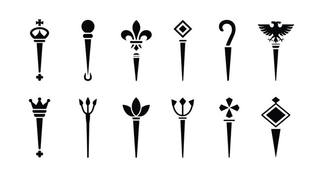 Collection of twelve royal scepter silhouettes with king and queen ceremonial maces for medieval, heraldic, and monarchy design projects