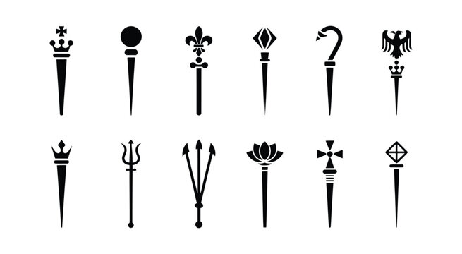 Royal scepter icon set featuring black silhouette king and queen maces, medieval monarchy regalia, and heraldic royal symbols