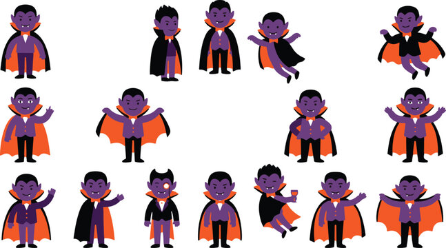 Halloween vampire cartoon characters in various poses for spooky design