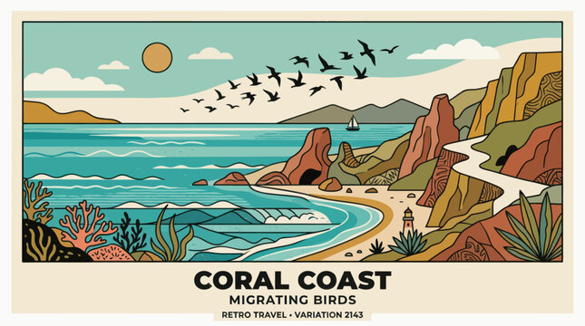 Coastal landscape with flock of birds