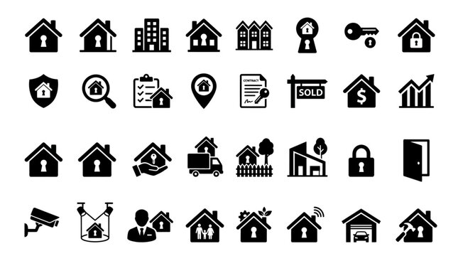 Black and white house security icons.