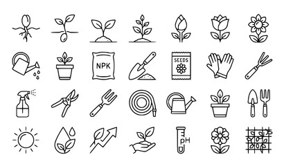 Gardening tools and plant growth icons set linear style © Alamin