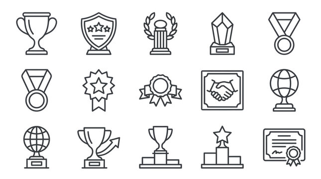 Award and trophy achievement recognition linear icon set.