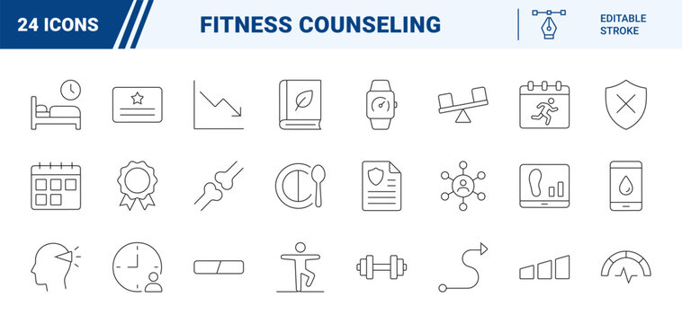 Physical activity counseling line icon set. Vector pictograms of fitness coaching, health assessment, exercise tracking, and lifestyle wellness elements, thin linear illustration.