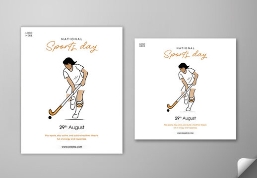 Editable National Sports Day Social Media Post Template Set with Doodle Style Female Hockey Player Illustration on White Background.