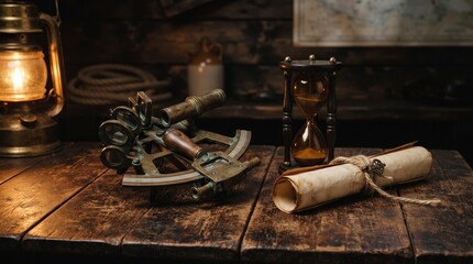 Antique Brass Sextant with Hourglass and Scroll on Wooden Captain Table